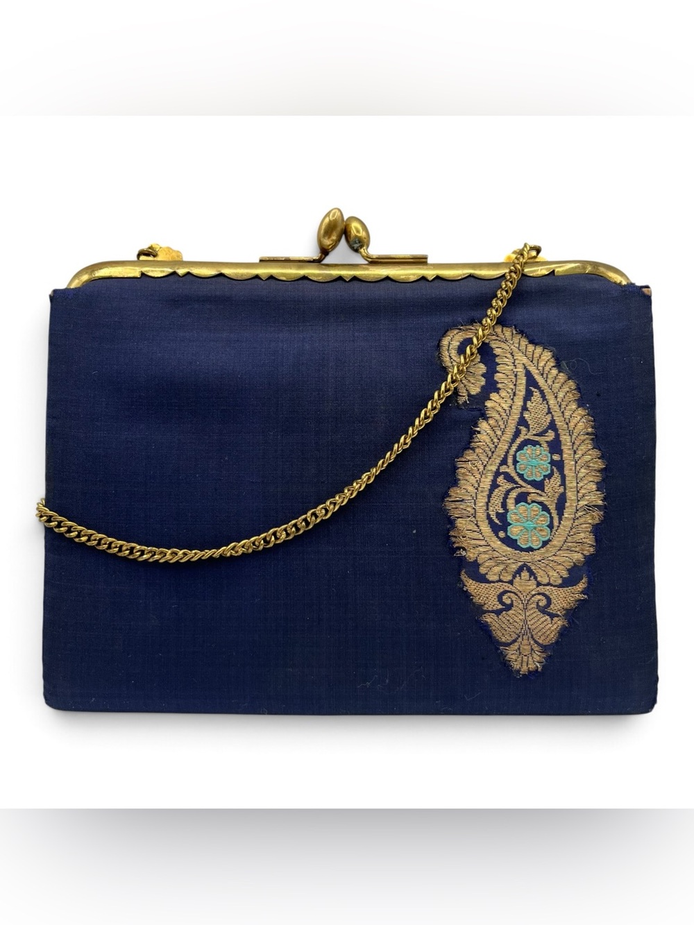 Vintage 50s 60s Blue Embroidered Kiss Lock Clutch Purse Chain Strap Coin Purse
